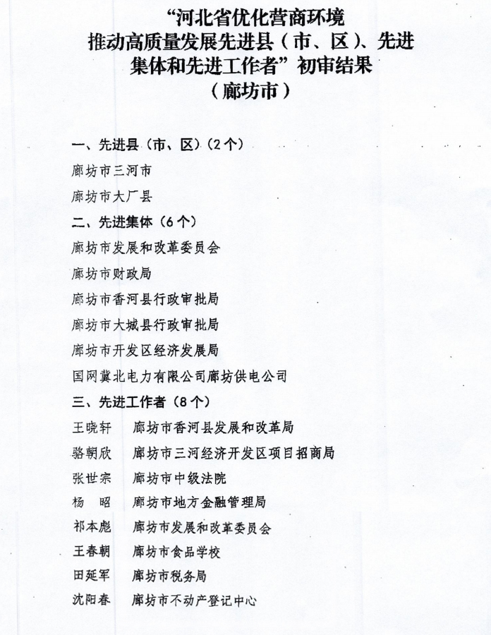 关于“河北省优化营商环境推动高质量发展先进县（市、区）先进集体和先进工作者”初审结果公示的公告